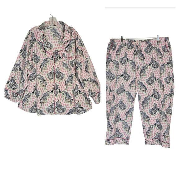 Print Fresh Bagheera Pajama Set Tiger Print White Blue Pink Long Sleeve Plus 4X - Picture 1 of 14